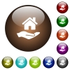 Home insurance color glass buttons - Home insurance white icons on round color glass buttons