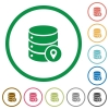 Database location flat icons with outlines - Database location flat color icons in round outlines on white background