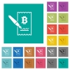 Signing Bitcoin cheque multi colored flat icons on plain square backgrounds. Included white and darker icon variations for hover or active effects. - Signing Bitcoin cheque square flat multi colored icons