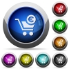 Checkout with Euro cart icons in round glossy buttons with steel frames - Checkout with Euro cart round glossy buttons