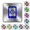 Mobile benchmark engraved icons on rounded square glossy steel buttons - Mobile benchmark rounded square steel buttons