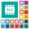 FLC movie format square flat multi colored icons - FLC movie format multi colored flat icons on plain square backgrounds. Included white and darker icon variations for hover or active effects.