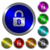 Locked Bitcoins icons on round luminous coin-like color steel buttons - Locked Bitcoins luminous coin-like round color buttons