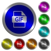 GIF file format luminous coin-like round color buttons - GIF file format icons on round luminous coin-like color steel buttons