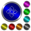 Puzzle pieces luminous coin-like round color buttons - Puzzle pieces icons on round luminous coin-like color steel buttons