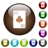 Ten of clubs card color glass buttons - Ten of clubs card white icons on round color glass buttons