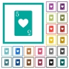 Five of hearts card flat color icons with quadrant frames - Five of hearts card flat color icons with quadrant frames on white background