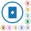 Three of diamonds card flat color vector icons with shadows in round outlines on white background - Three of diamonds card icons with shadows and outlines