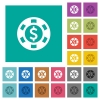 Dollar casino chip multi colored flat icons on plain square backgrounds. Included white and darker icon variations for hover or active effects. - Dollar casino chip square flat multi colored icons