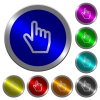 Hand cursor luminous coin-like round color buttons - Hand cursor icons on round luminous coin-like color steel buttons