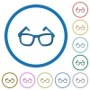 Eyeglasses flat color vector icons with shadows in round outlines on white background - Eyeglasses icons with shadows and outlines