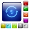 Turkish Lira pay back icons in rounded square color glossy button set - Turkish Lira pay back color square buttons