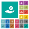 Israeli new Shekel earnings multi colored flat icons on plain square backgrounds. Included white and darker icon variations for hover or active effects. - Israeli new Shekel earnings square flat multi colored icons