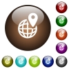 GPS location with globe symbol color glass buttons - GPS location with globe symbol white icons on round color glass buttons