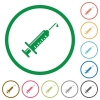 Syringe with drop flat icons with outlines - Syringe with drop flat color icons in round outlines on white background