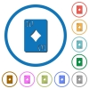 Ten of diamonds card flat color vector icons with shadows in round outlines on white background - Ten of diamonds card icons with shadows and outlines