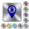 Gas station GPS map location engraved icons on rounded square glossy steel buttons - Gas station GPS map location rounded square steel buttons