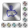 Dollar piggy bank rounded square steel buttons - Dollar piggy bank engraved icons on rounded square glossy steel buttons