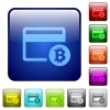 Bitcoin credit card icons in rounded square color glossy button set - Bitcoin credit card color square buttons