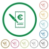 Signing Euro cheque flat icons with outlines - Signing Euro cheque flat color icons in round outlines on white background