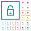 Unlocked padlock flat color icons with quadrant frames on white background - Unlocked padlock flat color icons with quadrant frames