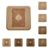 Nine of spades card on rounded square carved wooden button styles - Nine of spades card wooden buttons