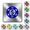 Dollar casino chip rounded square steel buttons - Dollar casino chip engraved icons on rounded square glossy steel buttons