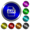 BAK file format luminous coin-like round color buttons - BAK file format icons on round luminous coin-like color steel buttons