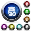 Database working icons in round glossy buttons with steel frames - Database working round glossy buttons