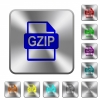 GZIP file format rounded square steel buttons - GZIP file format engraved icons on rounded square glossy steel buttons