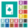 Two of clubs card square flat multi colored icons - Two of clubs card multi colored flat icons on plain square backgrounds. Included white and darker icon variations for hover or active effects.