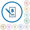 Signing Bitcoin cheque flat color vector icons with shadows in round outlines on white background - Signing Bitcoin cheque icons with shadows and outlines