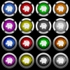 Left facing piggy bank white icons in round glossy buttons on black background - Left facing piggy bank white icons in round glossy buttons with steel frames on black background.
The buttons are in two different styles and eight colors.