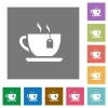 Cup of tea with teabag square flat icons - Cup of tea with teabag flat icons on simple color square backgrounds