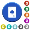 Ten of spades card beveled buttons - Ten of spades card round color beveled buttons with smooth surfaces and flat white icons