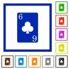 Six of clubs card flat framed icons - Six of clubs card flat color icons in square frames on white background