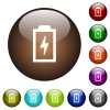 Battery with energy symbol white icons on round color glass buttons - Battery with energy symbol color glass buttons