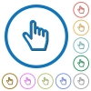 Hand cursor flat color vector icons with shadows in round outlines on white background - Hand cursor icons with shadows and outlines