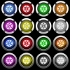 Dollar casino chip white icons in round glossy buttons on black background - Dollar casino chip white icons in round glossy buttons with steel frames on black background. The buttons are in two different styles and eight colors.