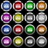 Server hosting white icons in round glossy buttons with steel frames on black background. The buttons are in two different styles and eight colors. - Server hosting white icons in round glossy buttons on black background