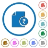 Indian Rupee financial report icons with shadows and outlines - Indian Rupee financial report flat color vector icons with shadows in round outlines on white background