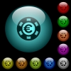 Euro casino chip icons in color illuminated spherical glass buttons on black background. Can be used to black or dark templates - Euro casino chip icons in color illuminated glass buttons