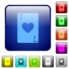 Seven of hearts card color square buttons - Seven of hearts card icons in rounded square color glossy button set