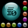 Dollar coins icons in color illuminated spherical glass buttons on black background. Can be used to black or dark templates - Dollar coins icons in color illuminated glass buttons