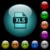 XLS file format icons in color illuminated spherical glass buttons on black background. Can be used to black or dark templates - XLS file format icons in color illuminated glass buttons