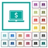 Laptop with Dollar sign flat color icons with quadrant frames on white background - Laptop with Dollar sign flat color icons with quadrant frames