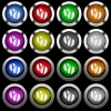 Coffe beans white icons in round glossy buttons with steel frames on black background. The buttons are in two different styles and eight colors. - Coffe beans white icons in round glossy buttons on black background