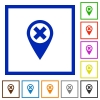 Cancel GPS map location flat framed icons - Cancel GPS map location flat color icons in square frames on white background