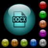 DOCX file format icons in color illuminated spherical glass buttons on black background. Can be used to black or dark templates - DOCX file format icons in color illuminated glass buttons