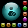 Edit user account icons in color illuminated spherical glass buttons on black background. Can be used to black or dark templates - Edit user account icons in color illuminated glass buttons